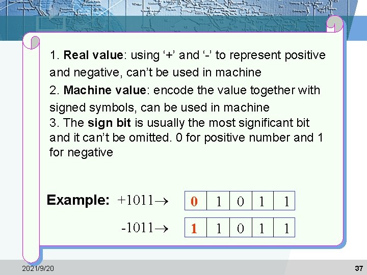 1. Real value: using ‘+’ and ‘-’ to represent positive and negative, can’t be