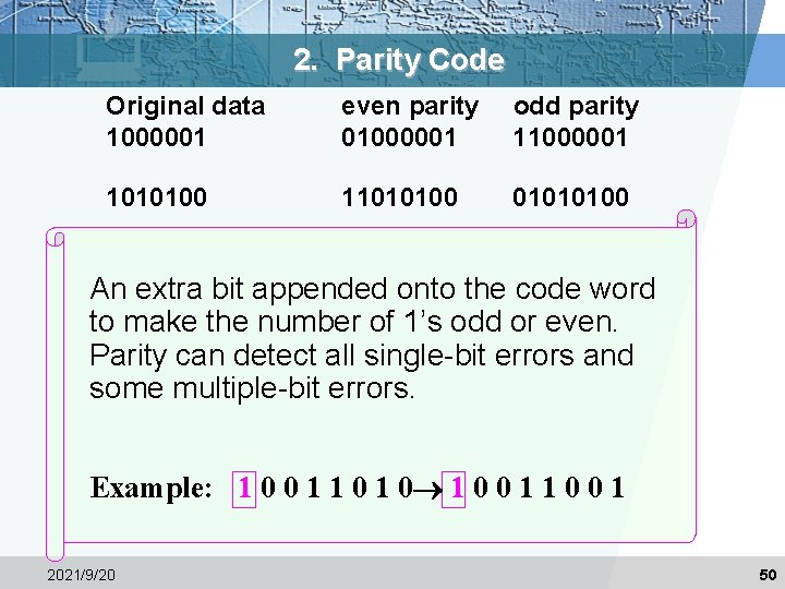 2. Parity Code Original data 1000001 even parity 01000001 odd parity 11000001 1010100 11010100