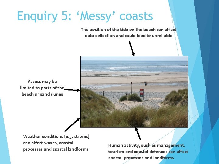 Enquiry 5: ‘Messy’ coasts The position of the tide on the beach can affect