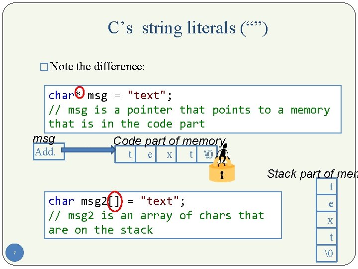 C’s string literals (“”) � Note the difference: char* msg = "text"; // msg