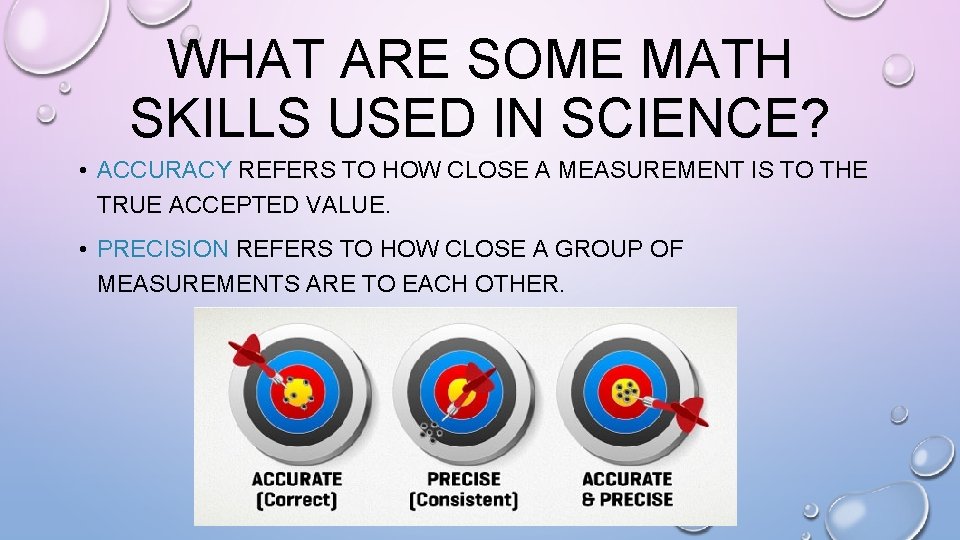 WHAT ARE SOME MATH SKILLS USED IN SCIENCE? • ACCURACY REFERS TO HOW CLOSE WHAT ARE SOME MATH SKILLS USED IN SCIENCE? • ACCURACY REFERS TO HOW CLOSE