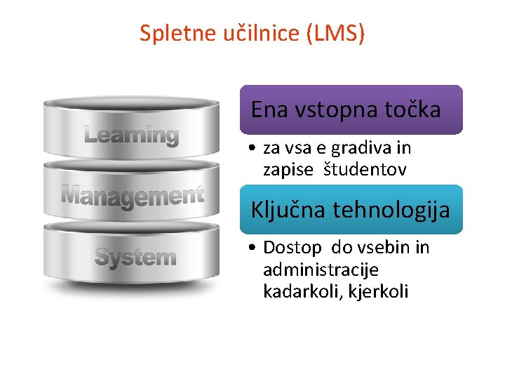 Spletne učilnice (LMS) Ena vstopna točka • za vsa e gradiva in zapise študentov