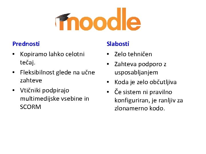 Prednosti Slabosti • Kopiramo lahko celotni tečaj. • Fleksibilnost glede na učne zahteve •