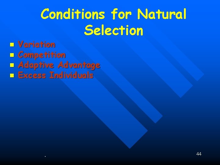 Conditions for Natural Selection n n Variation Competition Adaptive Advantage Excess Individuals . 44