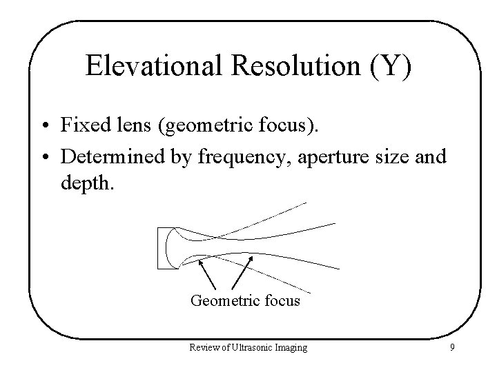 Elevational Resolution (Y) • Fixed lens (geometric focus). • Determined by frequency, aperture size