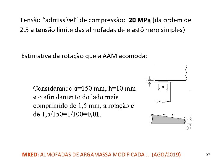 Tensão “admissível” de compressão: 20 MPa (da ordem de 2, 5 a tensão limite