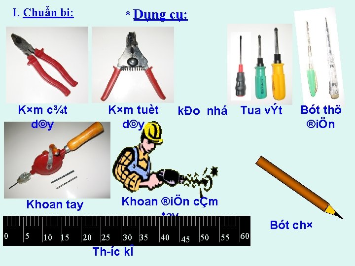 I. Chuẩn bị: * Dụng cụ: K×m c¾t d©y K×m tuèt d©y 5 10