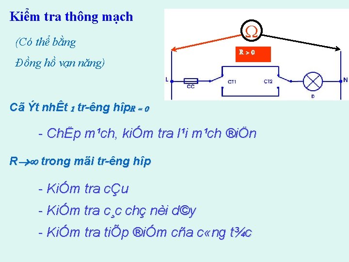 Kiểm tra thông mạch (Có thể bằng Đồng hồ vạn năng) R>0 Cã Ýt