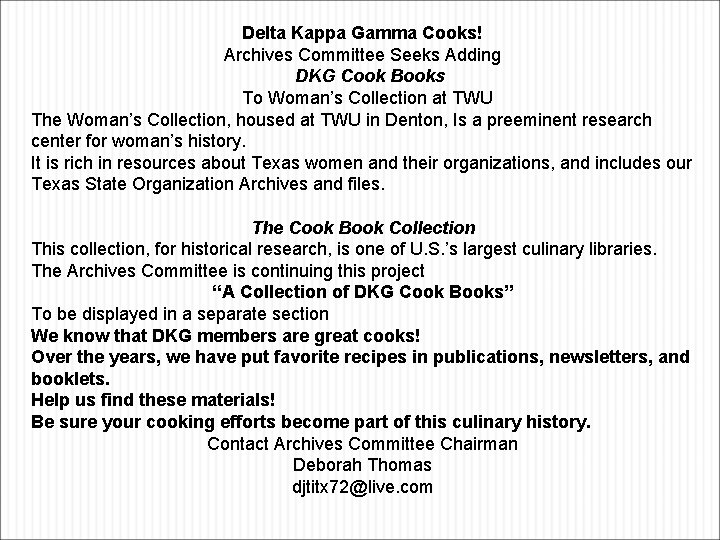 Delta Kappa Gamma Cooks! Archives Committee Seeks Adding DKG Cook Books To Woman’s Collection
