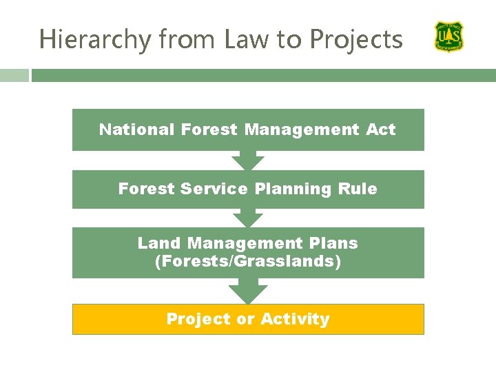 Hierarchy from Law to Projects National Forest Management Act Forest Service Planning Rule Land