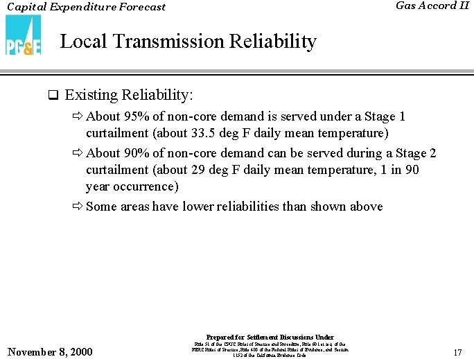 Gas Accord II Capital Expenditure Forecast Local Transmission Reliability q Existing Reliability: ð About