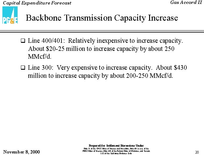 Gas Accord II Capital Expenditure Forecast Backbone Transmission Capacity Increase q Line 400/401: Relatively