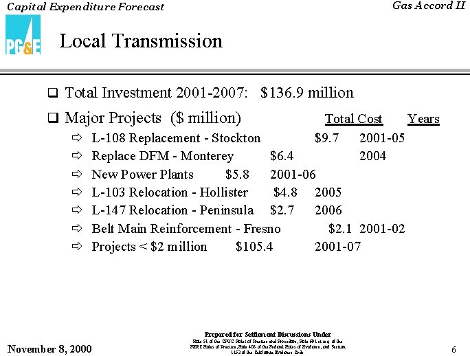 Gas Accord II Capital Expenditure Forecast Local Transmission q Total Investment 2001 -2007: $136.