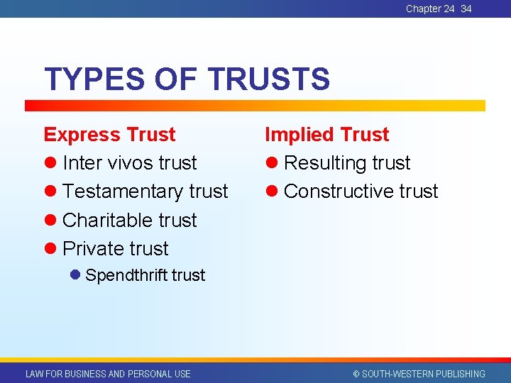 Chapter 24 34 TYPES OF TRUSTS Express Trust l Inter vivos trust l Testamentary