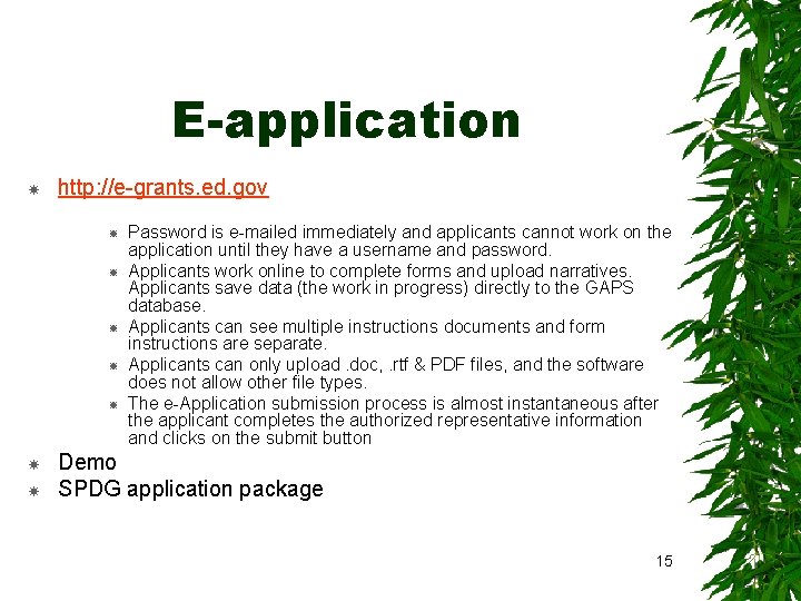 E-application http: //e-grants. ed. gov Password is e-mailed immediately and applicants cannot work on