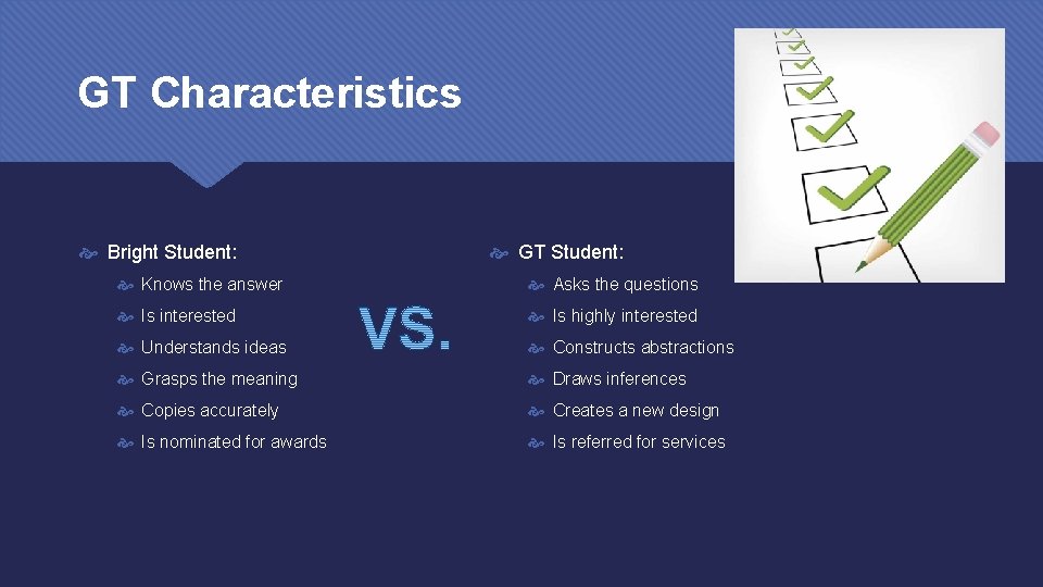 GT Characteristics Bright Student: GT Student: Knows the answer Asks the questions Is interested