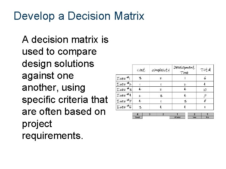 Develop a Decision Matrix A decision matrix is used to compare design solutions against