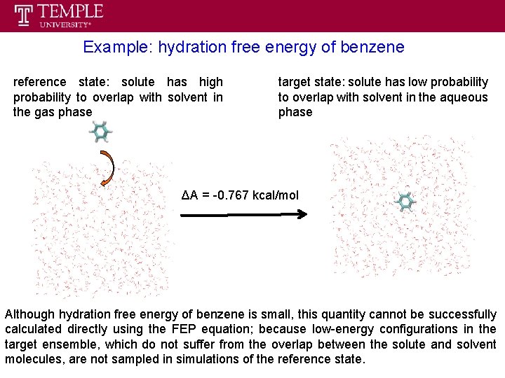Example: hydration free energy of benzene reference state: solute has high probability to overlap