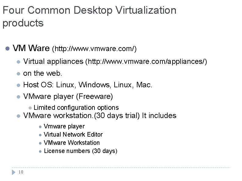 Four Common Desktop Virtualization products l VM Ware (http: //www. vmware. com/) l Virtual