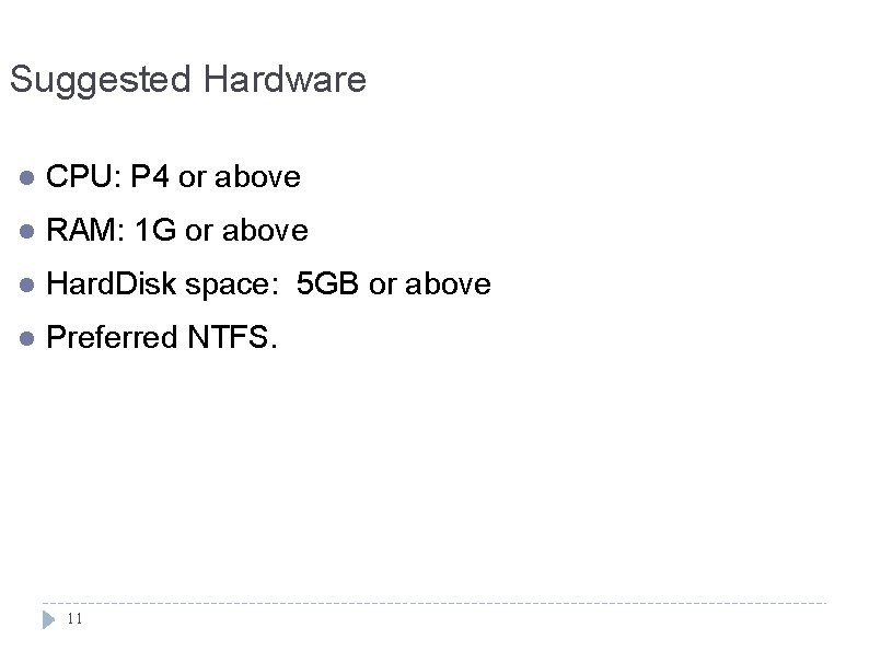 Suggested Hardware l CPU: P 4 or above l RAM: 1 G or above