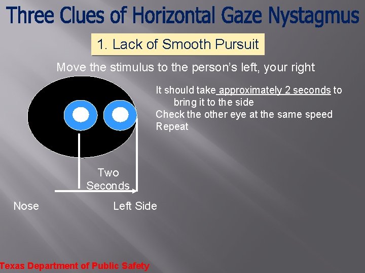 1. Lack of Smooth Pursuit Move the stimulus to the person’s left, your right