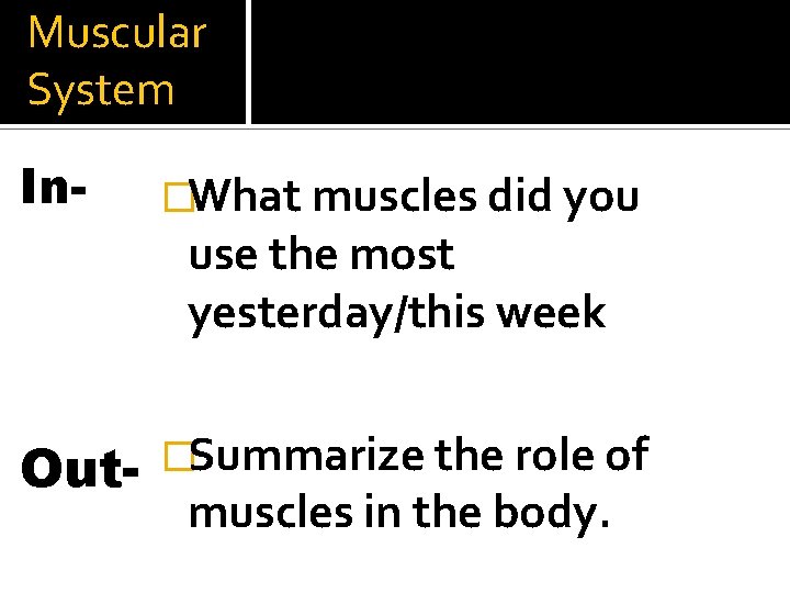 Muscular System In- �What muscles did you use the most yesterday/this week Out- �Summarize