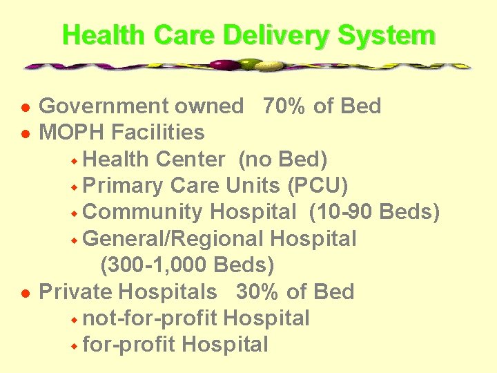 Health Care Delivery System l l l Government owned 70% of Bed MOPH Facilities