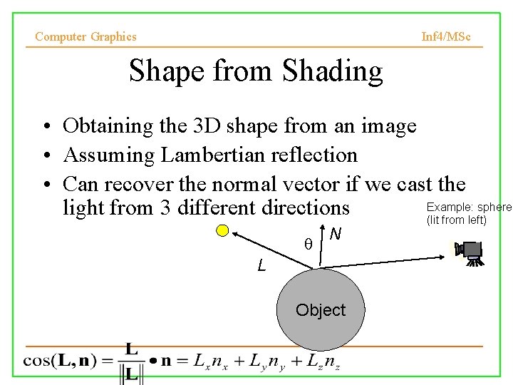 Computer Graphics Inf 4/MSc Shape from Shading • Obtaining the 3 D shape from