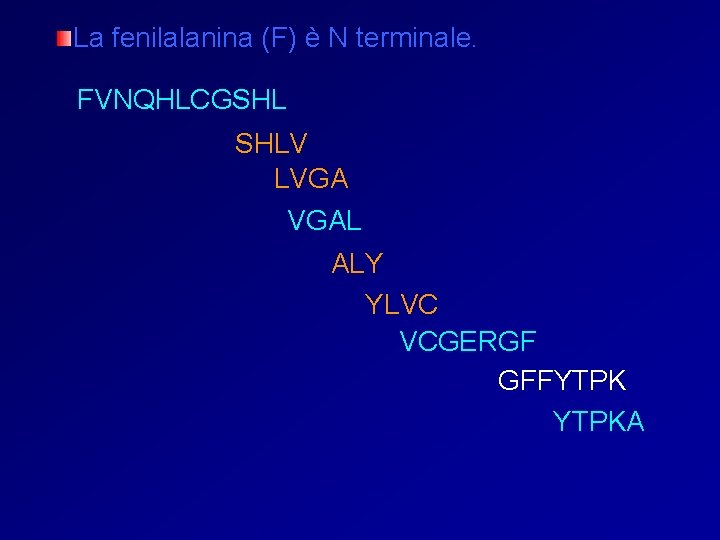 La fenilalanina (F) è N terminale. FVNQHLCGSHL SHLV LVGA VGAL ALY YLVC VCGERGF GFFYTPKA