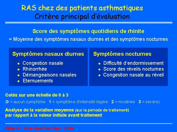 RAS chez des patients asthmatiques Critère principal d’évaluation Score des symptômes quotidiens de rhinite