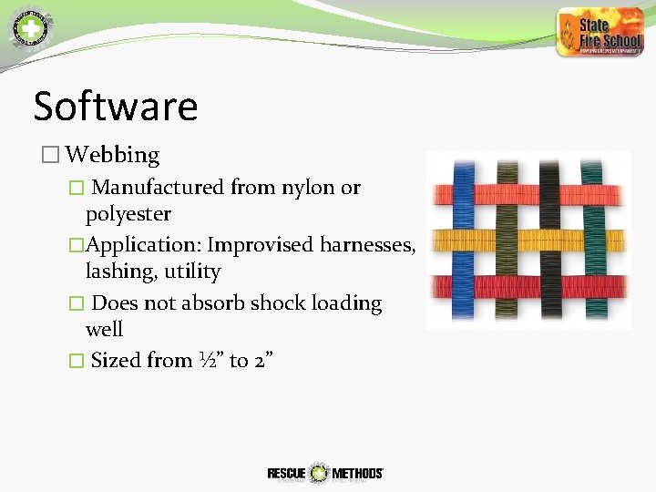 Software � Webbing � Manufactured from nylon or polyester �Application: Improvised harnesses, lashing, utility