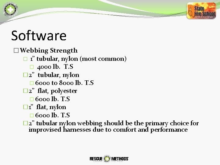 Software �Webbing Strength � 1” tubular, nylon (most common) � 4000 lb. T. S