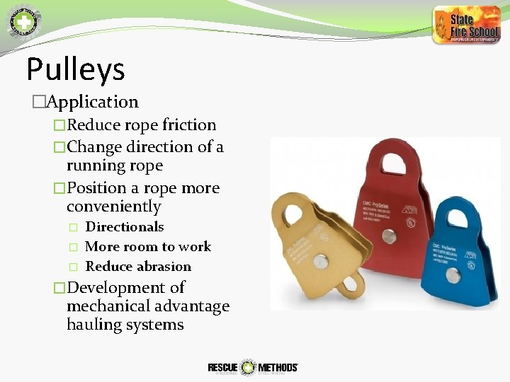 Pulleys �Application �Reduce rope friction �Change direction of a running rope �Position a rope