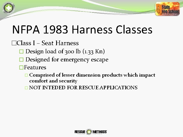 NFPA 1983 Harness Classes �Class I – Seat Harness � Design load of 300