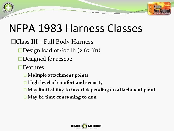 NFPA 1983 Harness Classes �Class III – Full Body Harness �Design load of 600