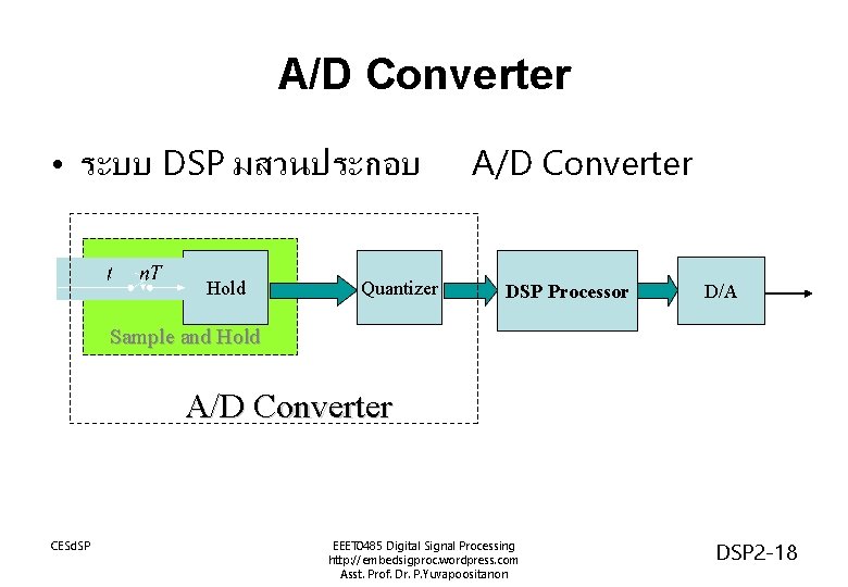 A/D Converter • ระบบ DSP มสวนประกอบ Hold Quantizer A/D Converter DSP Processor D/A Sample