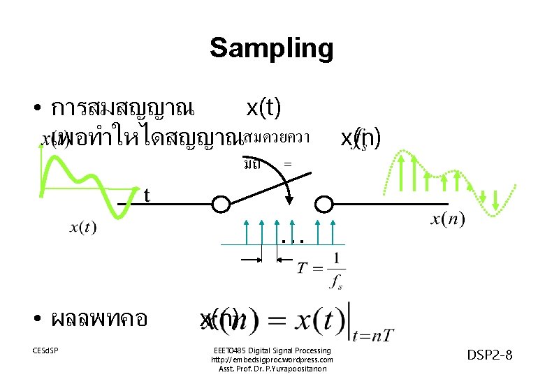 Sampling • การสมสญญาณ x(t) เพอทำใหไดสญญาณสมดวยควา มถ = x(n) t . . . • ผลลพทคอ