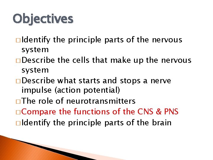 Objectives � Identify the principle parts of the nervous system � Describe the cells