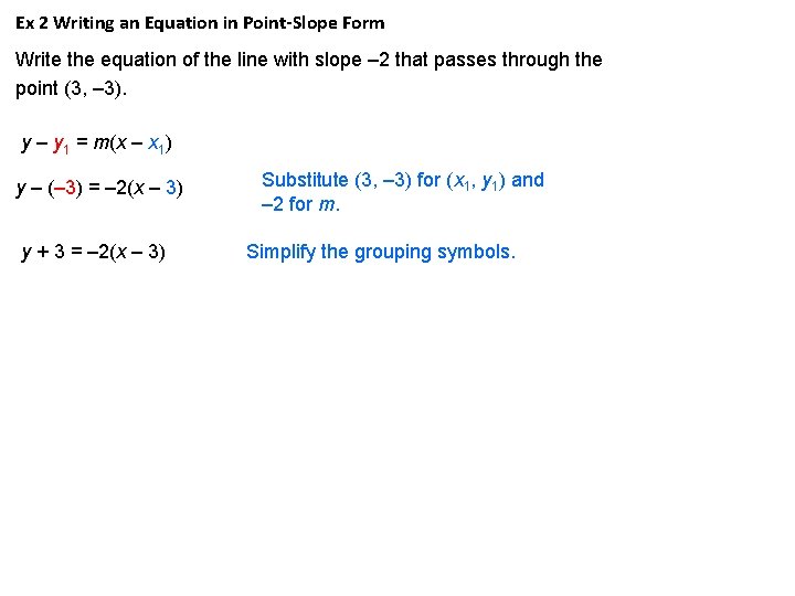 Ex 2 Writing an Equation in Point-Slope Form Write the equation of the line