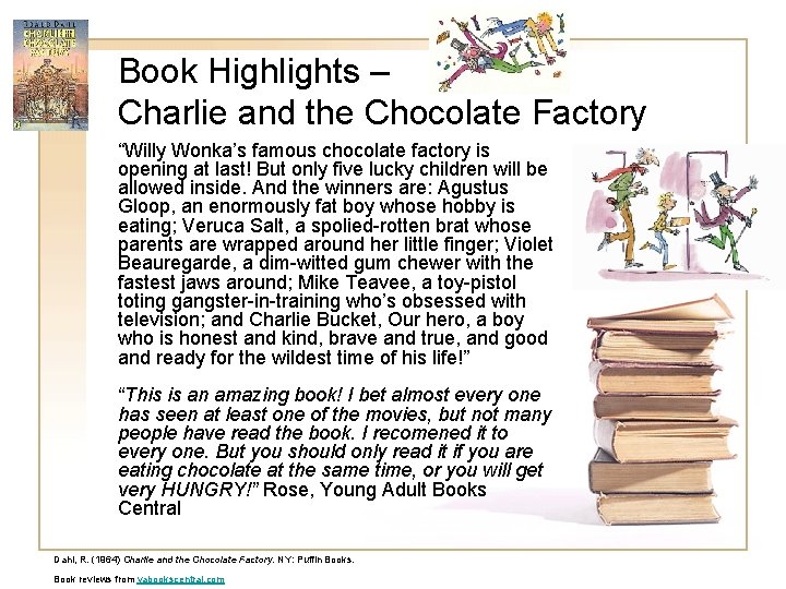 Book Highlights – Charlie and the Chocolate Factory “Willy Wonka’s famous chocolate factory is