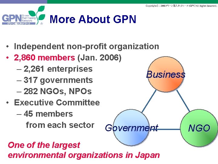 More About GPN • Independent non-profit organization • 2, 860 members (Jan. 2006) –