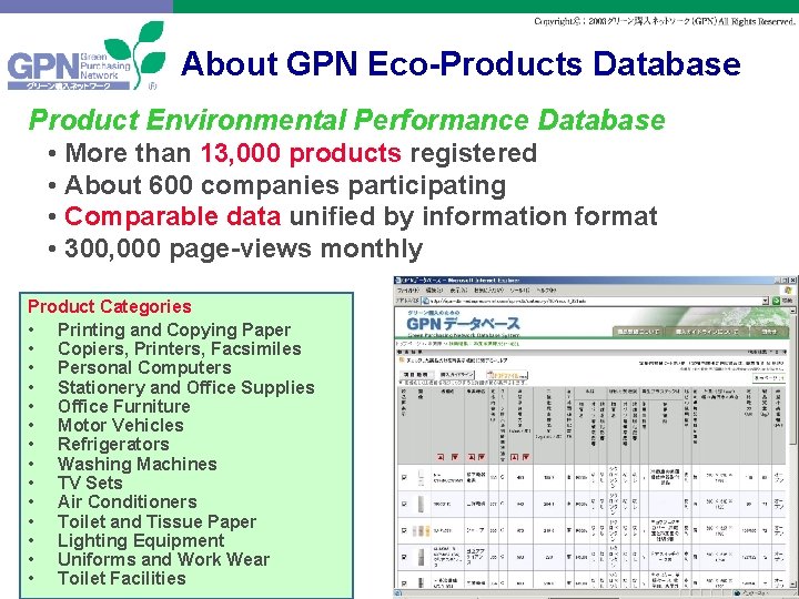 About GPN Eco-Products Database Product Environmental Performance Database • More than 13, 000 products