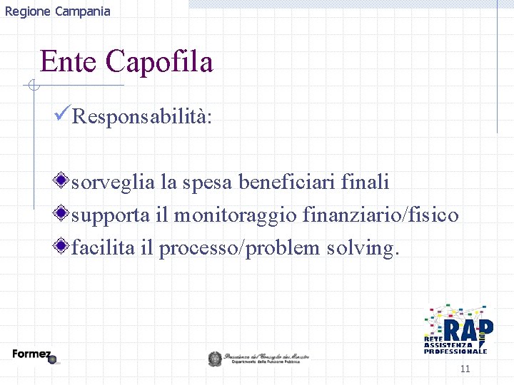 Regione Campania Ente Capofila üResponsabilità: sorveglia la spesa beneficiari finali supporta il monitoraggio finanziario/fisico