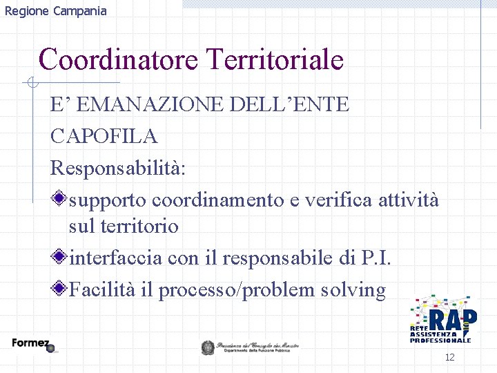 Regione Campania Coordinatore Territoriale E’ EMANAZIONE DELL’ENTE CAPOFILA Responsabilità: supporto coordinamento e verifica attività