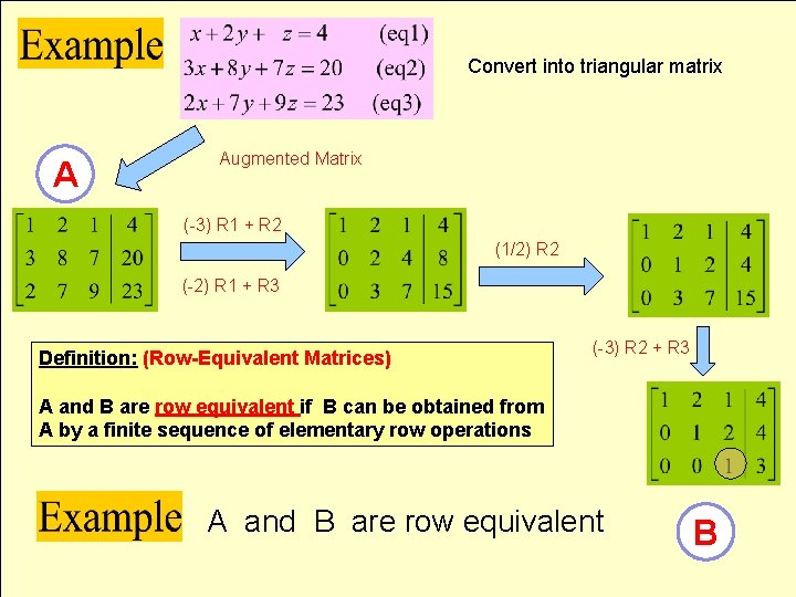 Convert into triangular matrix A Augmented Matrix (-3) R 1 + R 2 (1/2)