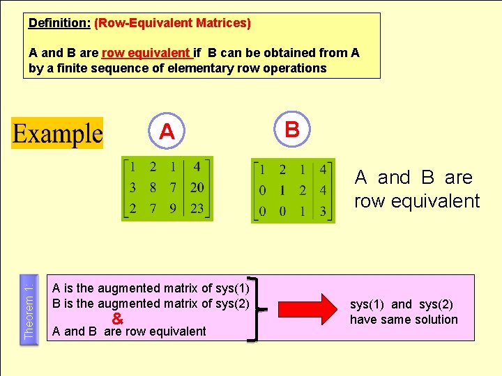 Definition: (Row-Equivalent Matrices) A and B are row equivalent if B can be obtained