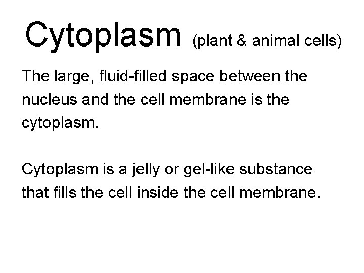 Cytoplasm (plant & animal cells) The large, fluid-filled space between the nucleus and the