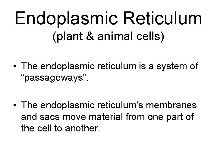 Endoplasmic Reticulum (plant & animal cells) • The endoplasmic reticulum is a system of