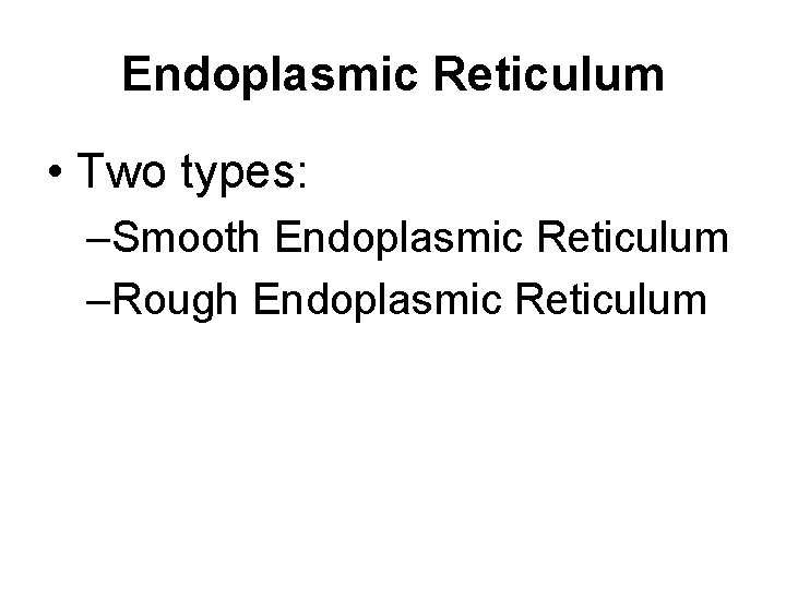 Endoplasmic Reticulum • Two types: –Smooth Endoplasmic Reticulum –Rough Endoplasmic Reticulum 