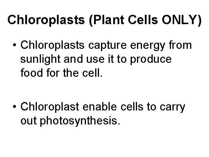 Chloroplasts (Plant Cells ONLY) • Chloroplasts capture energy from sunlight and use it to